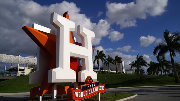 Mar 9, 2021; West Palm Beach, Florida, USA; A general view of the Houston Astros logo statue outside of The Ballpark of the Palm Beaches prior to the spring training game between the Houston Astros and the Washington Nationals. Mandatory Credit: Jasen Vinlove-USA TODAY Sports  