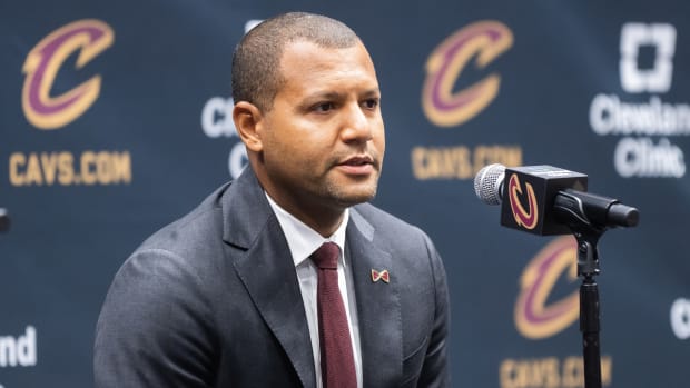 Oct 2, 2023; Cleveland, OH, USA; Cleveland Cavaliers general manager Koby Altman talks to the media during media day at Rocket Mortgage FieldHouse. Mandatory Credit: Ken Blaze-USA TODAY Sports