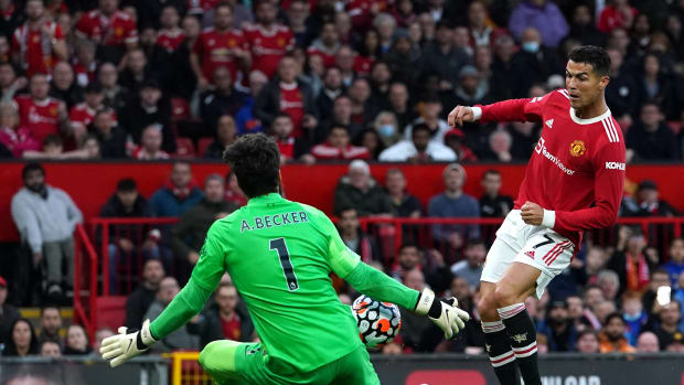 Cristiano Ronaldo (right) pictured in action for Manchester United against Liverpool in October 2021