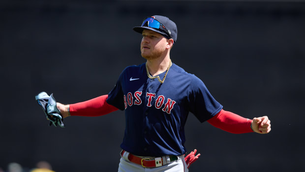 Aug 2, 2023; Seattle, Washington, USA; Boston Red Sox right fielder Alex Verdugo warms up before playing the Seattle Mariners at T-Mobile Park. Mandatory Credit: John Froschauer-USA TODAY Sports
