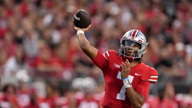 Ohio State quarterback C.J. Stroud throwing the football for the Buckeyes.