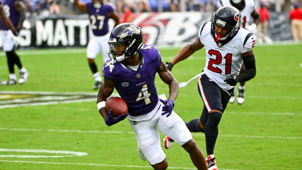 Baltimore Ravens receiver Zay Flowers (4) is questionable in Week 12 against the Los Angeles Chargers.