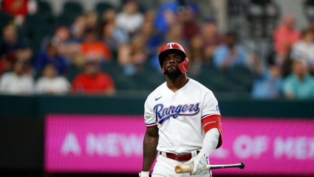 Aug 27, 2022; Arlington, Texas, USA; Texas Rangers right fielder Adolis Garcia (53) reacts after striking out in the first inning against the Detroit Tigers at Globe Life Field. Mandatory Credit: Tim Heitman-USA TODAY Sports