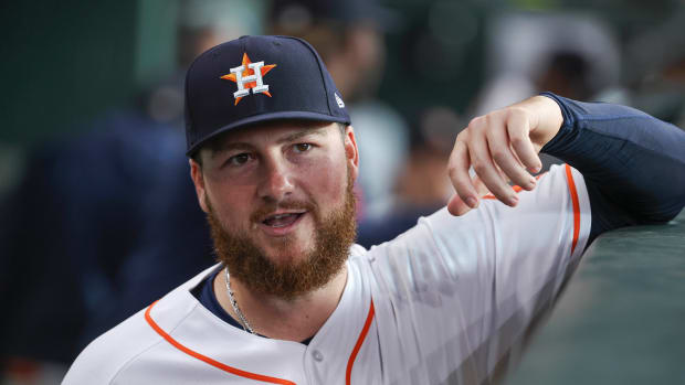 Jun 13, 2023; Houston, Texas, USA; Houston Astros relief pitcher Matt Gage (91) in the dugout before the game against the Washington Nationals at Minute Maid Park.