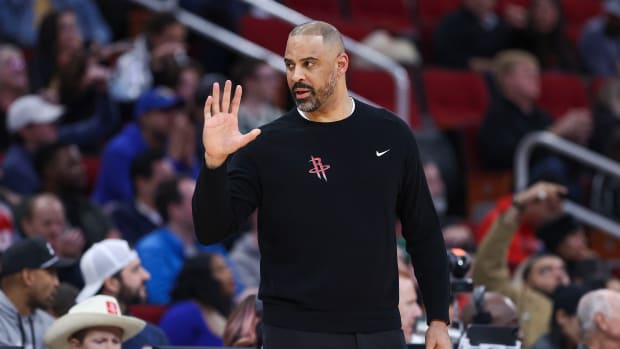 Rockets head coach Ime Udoka reacts during the second quarter against the Milwaukee Bucks at Toyota Center.