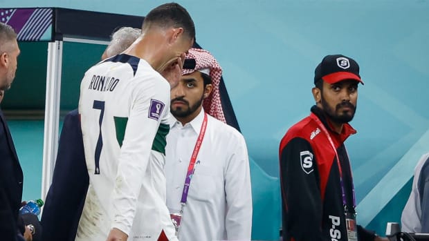 Cristiano Ronaldo pictured leaving the field in tears after Portugal were beaten by Morocco in the quarter-finals of the 2022 FIFA World Cup
