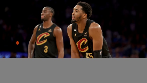 Apr 21, 2023; New York, New York, USA; Cleveland Cavaliers guards Donovan Mitchell (45) and Caris LeVert (3) react during the fourth quarter of game three of the 2023 NBA playoffs against the New York Knicks at Madison Square Garden. Mandatory Credit: Brad Penner-USA TODAY Sports