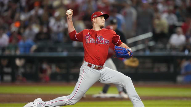 Philadelphia Phillies pitcher Jeff Hoffman (68) throws a pitch against the Arizona Diamondbacks in the eighth inning in Game 5 of the NLCS of the 2023 MLB playoffs at Chase Field on Oct. 21, 2023, in Phoenix, AZ. The Phillies beat the Diamondbacks 6-1, giving Philadelphia the overall lead of 3-2 in the NLCS playoffs.  