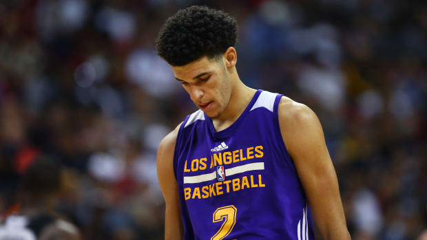 Los Angeles Lakers guard Lonzo Ball reacts after a foul in the 2017 NBA Summer League.