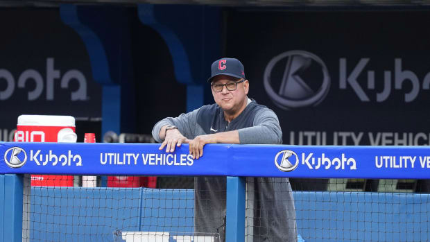 Aug 25, 2023; Toronto, Ontario, CAN; Cleveland Guardians manager Terry Francona (77) waits in the dugout during the pre-game against the Toronto Blue Jays at Rogers Centre. Mandatory Credit: Nick Turchiaro-USA TODAY Sports