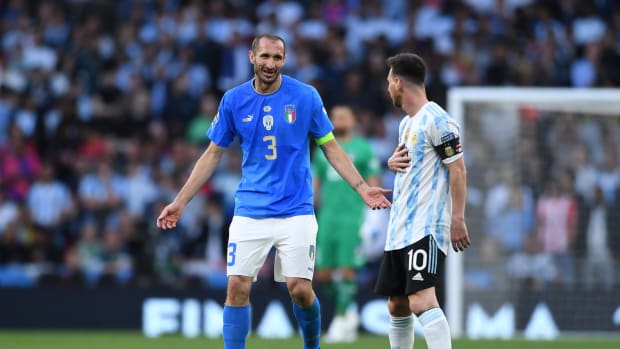 Giorgio Chiellini (no.3) and Lionel Messi (no.10) pictured during Finalissima 2022