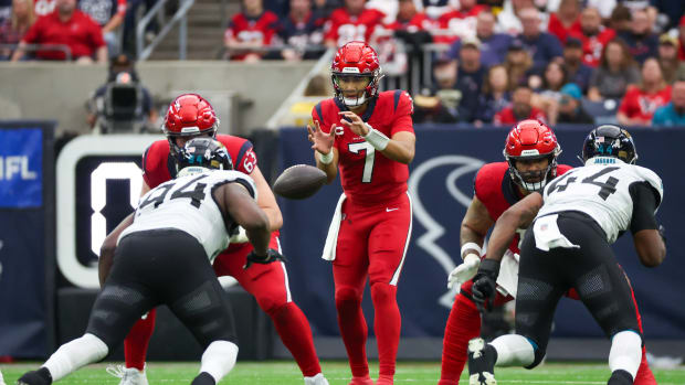 The ball is hiked to Houston Texans quarterback C.J. Stroud against the Jacksonville Jaguars at NRG Stadium.