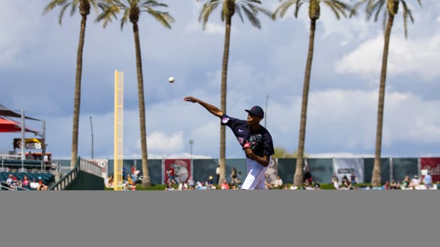 Mar 16, 2023; Goodyear, Arizona, USA; Cleveland Guardians pitcher Triston McKenzie against the Chicago White Sox during a spring training game at Goodyear Ballpark. Mandatory Credit: Mark J. Rebilas-USA TODAY Sports