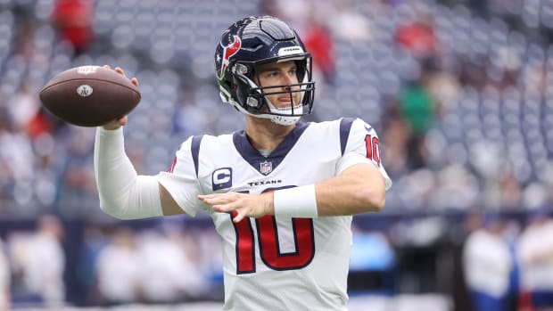 Houston Texans quarterback Davis Mills (10) warms up before the game against the Indianapolis Colts at NRG Stadium.