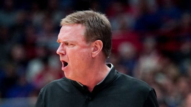 Feb 27, 2024; Lawrence, Kansas, USA; Kansas Jayhawks head coach Bill Self reacts to play against the Brigham Young Cougars during the first half at Allen Fieldhouse. Mandatory Credit: Denny Medley-USA TODAY Sports  