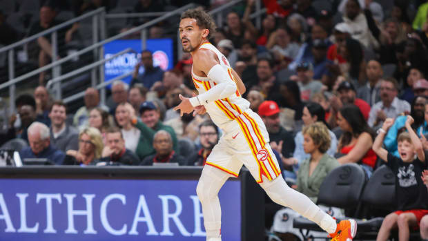 Atlanta Hawks guard Trae Young reacts after a three-pointer.