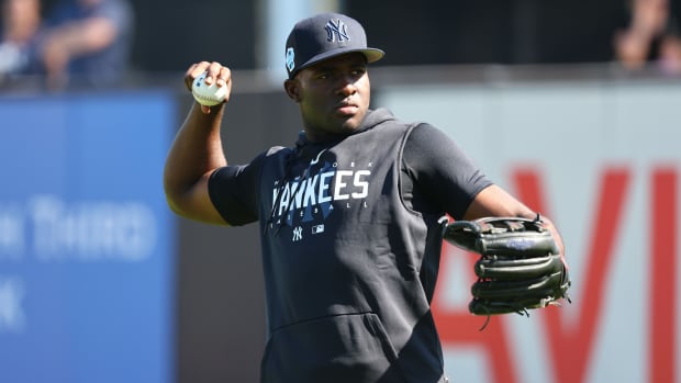 Feb 20, 2023; Tampa, FL, USA; New York Yankees center fielder Estevan Florial (90) works out during spring training practice at George M Steinbrenner Field. Mandatory Credit: Kim Klement-USA TODAY Sports