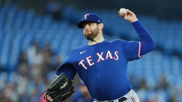 Sep 13, 2023; Toronto, Ontario, CAN; Texas Rangers starting pitcher Jordan Montgomery (52) throws a pitch against the Toronto Blue Jays during the first inning at Rogers Centre. Mandatory Credit: Nick Turchiaro-USA TODAY Sports  