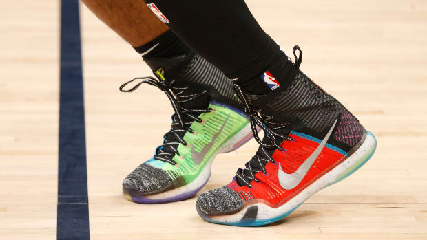 View of multi-color Nike Kobe shoes.