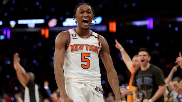 Apr 21, 2023; New York, New York, USA; New York Knicks guard Immanuel Quickley (5) reacts after a three point shot during the fourth quarter of game three of the 2023 NBA playoffs against the Cleveland Cavaliers at Madison Square Garden. Mandatory Credit: Brad Penner-USA TODAY Sports
