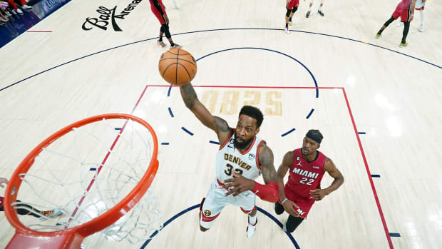 Nuggets forward Jeff Green (32) shoots the ball against Miami Heat forward Jimmy Butler (22) during the first half in game five of the 2023 NBA Finals at Ball Arena. Mandatory Credit: Jack Dempsey/Pool Photo-USA TODAY Sports