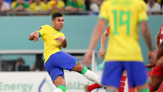 Casemiro pictured shooting to score for Brazil in their 1-0 win over Switzerland at the 2022 FIFA World Cup in Qatar