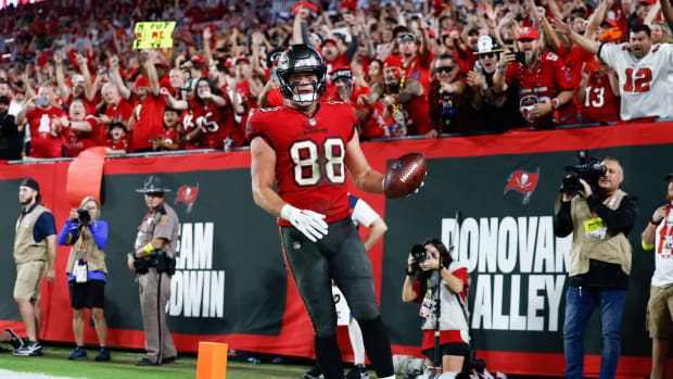 Tampa Bay Buccaneers tight end Cade Otton (88) following a touchdown catch against the New Orleans Saints.