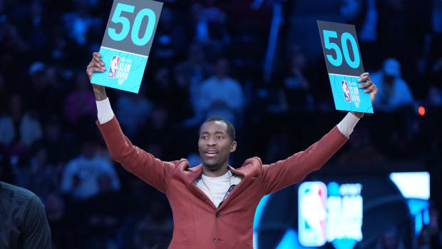 Feb 18, 2023; Salt Lake City, UT, USA; Jamal Crawford reacts in the Dunk Contest during the 2023 All Star Weekend