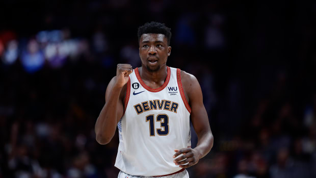 Denver Nuggets center Thomas Bryant (13) gestures in the second quarter against the Toronto Raptors at Ball Arena.