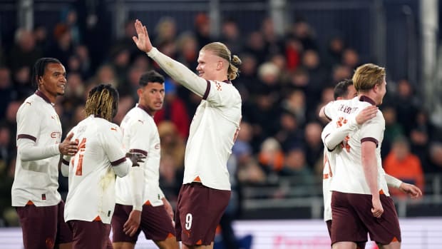 Erling Haaland pictured (center) celebrating after scoring five goals for Manchester City in a 6-2 win over Luton Town in the FA Cup in February 2024