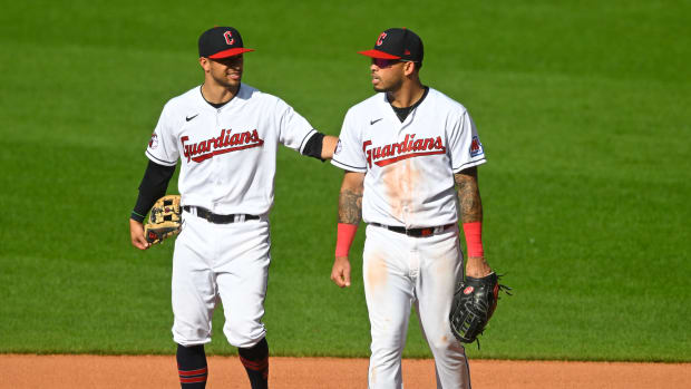 Aug 18, 2023; Cleveland, Ohio, USA; Cleveland Guardians second baseman Tyler Freeman (left) and first baseman Gabriel Arias (13) stand on the field fifth inning against the Detroit Tigers at Progressive Field. Mandatory Credit: David Richard-USA TODAY Sports