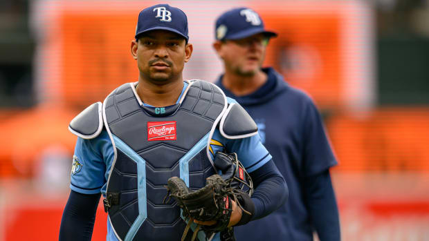 Sep 17, 2023; Baltimore, Maryland, USA; Tampa Bay Rays catcher Christian Bethancourt (14) looks on before the game between the Baltimore Orioles and the Tampa Bay Rays at Oriole Park at Camden Yards. Mandatory Credit: Reggie Hildred-USA TODAY Sports