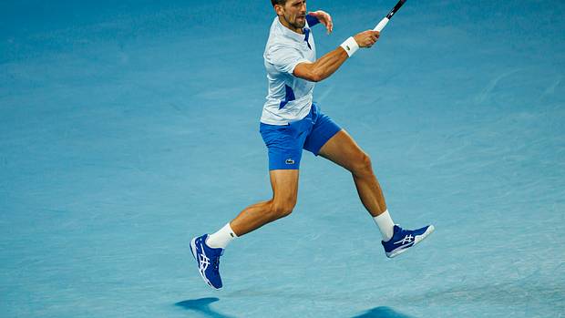 Novak Djokovic hits a shot at the 2024 Australian Open.