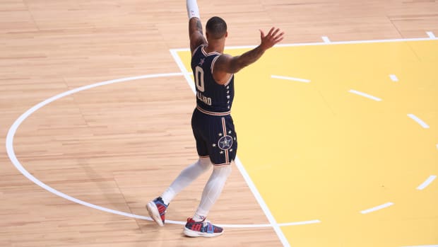 Damian Lillard celebrates during the NBA All-Star Game.