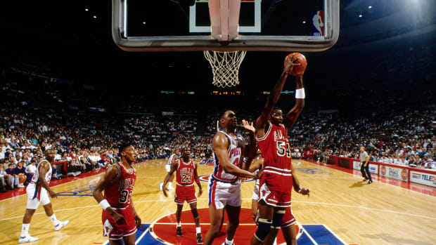 May 1989; Chicago Bulls forward Horace Grant grabs a rebound against the Detroit Pistons