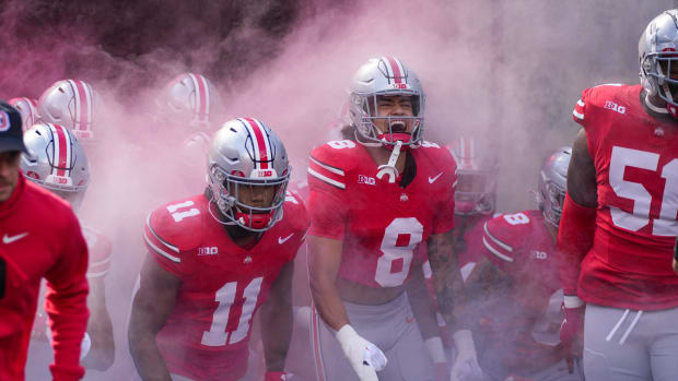Ohio State Buckeyes walk out of the tunnel at Ohio Stadium in Columbus, Ohio, prior to their Week 6 matchup against Maryland