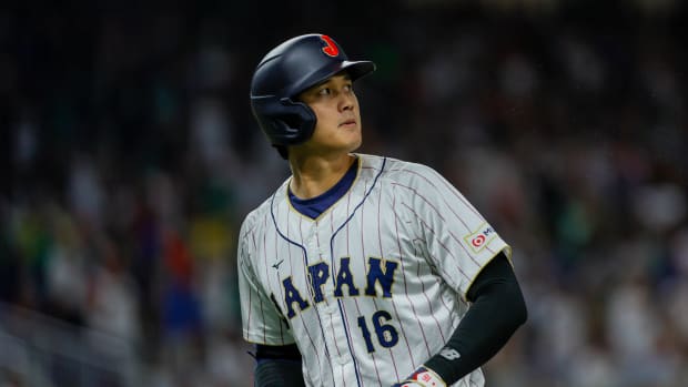 Japan designated hitter Shohei Ohtani looks on during a Wolrd Baseball Classic game.