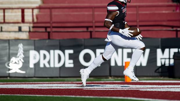 NMSU running back Monte Watkins scores a touchdown during an Aggie football game on Saturday, August 256 2023, at the Aggie Memorial Stadium.
