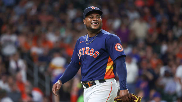 Jun 20, 2023; Houston, Texas, USA; Houston Astros starting pitcher Framber Valdez (59) smiles after a play during the seventh inning against the New York Mets at Minute Maid Park. Mandatory Credit: Troy Taormina-USA TODAY Sports