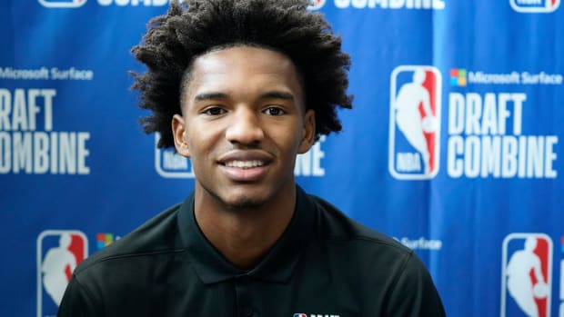 May 17, 2023; Chicago, Il, USA; Julian Phillips talks to the media during the 2023 NBA Draft Combine