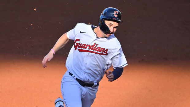 Oct 5, 2022; Cleveland, Ohio, USA; Cleveland Guardians left fielder Will Brennan (63) runs the bases in the first inning against the Kansas City Royals at Progressive Field. Mandatory Credit: David Richard-USA TODAY Sports