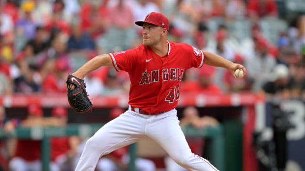 Jul 31, 2022; Anaheim, California, USA; Los Angeles Angels starting pitcher Reid Detmers (48) throws to the plate in the first inning against the Texas Rangers at Angel Stadium. Mandatory Credit: Jayne Kamin-Oncea-USA TODAY Sports