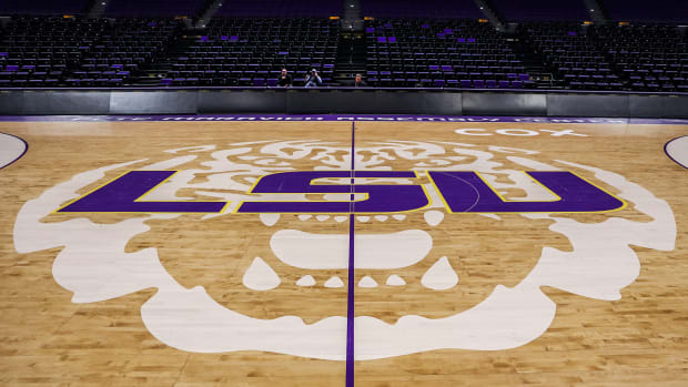 The LSU Tigers logo on the basketball court at the Pete Maravich Assembly Center.