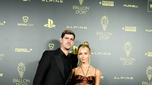 Thibaut Courtois and girlfriend Mishel Gerzig pictured at the 2022 Ballon d'Or awards ceremony in Paris