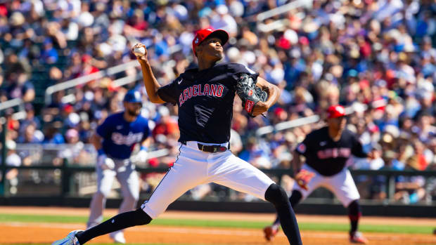 Mar 11, 2024; Goodyear, Arizona, USA; Cleveland Guardians pitcher Triston McKenzie against the Los Angeles Dodgers during a spring training game at Goodyear Ballpark. Mandatory Credit: Mark J. Rebilas-USA TODAY Sports