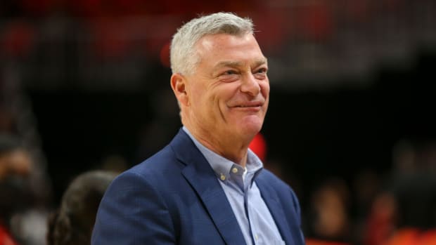 Atlanta Hawks owner Tony Ressler on the court before game four of the first round for the 2022 NBA playoffs against the Miami Heat at State Farm Arena.
