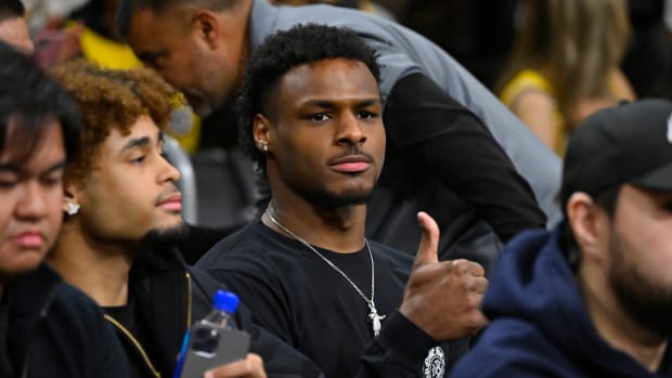 Apr 28, 2023; Los Angeles, California, USA; Bronny James attends game six of the 2023 NBA playoffs between the Los Angeles Lakers and the Memphis Grizzlies at Crypto.com Arena. Mandatory Credit: Jayne Kamin-Oncea-USA TODAY Sports  
