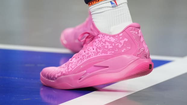 New Orleans Pelicans forward Zion Williamson's pink Jordan Brand sneakers.
