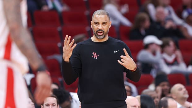 Rockets head coach Ime Udoka reacts during the second quarter against the New Orleans Pelicans at Toyota Center.