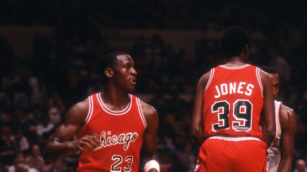 (1984) Chicago Bulls rookie Michael Jordan against the Knicks during an exhibition game at Madison Square Garden
